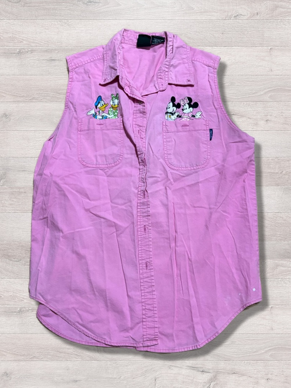 Vintage 90s Disney Mickey Unlimited Pink Sleeveless Button Up Shirt Large Tank